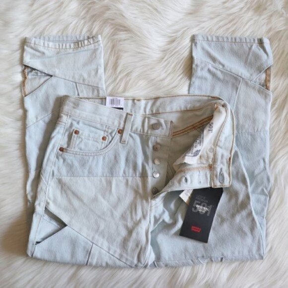 NWT Levis 501 Original Light Blue Wash Cutout Cropped Denim Jeans Size 26 - Picture 6 of 14